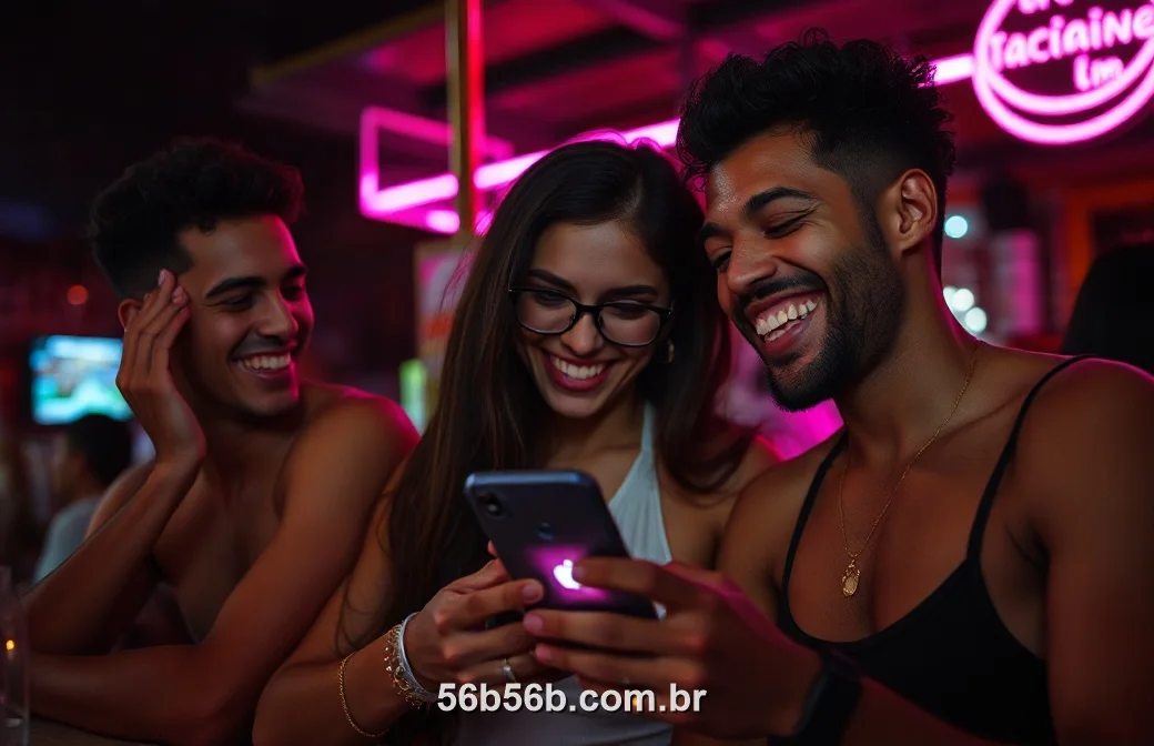Amigos brasileiros acessando o 56B juntos num bar à noite