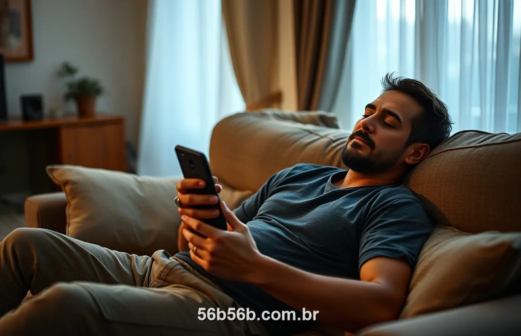 Jogador relaxado usando o app 56B no sofá em casa