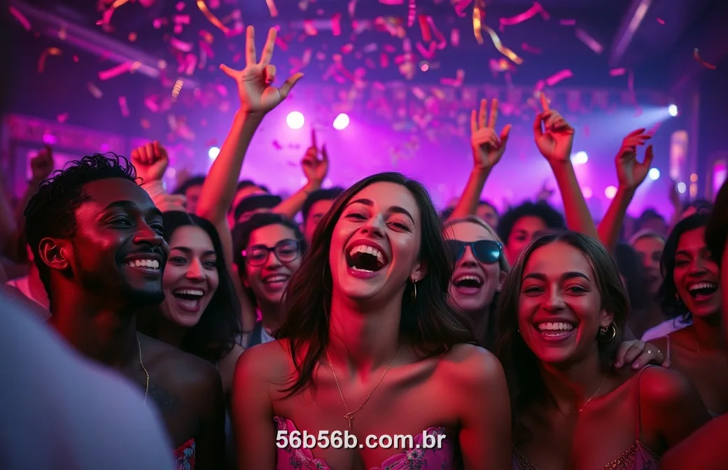 Brasileiros comemorando juntos com o 56B numa festa à noite