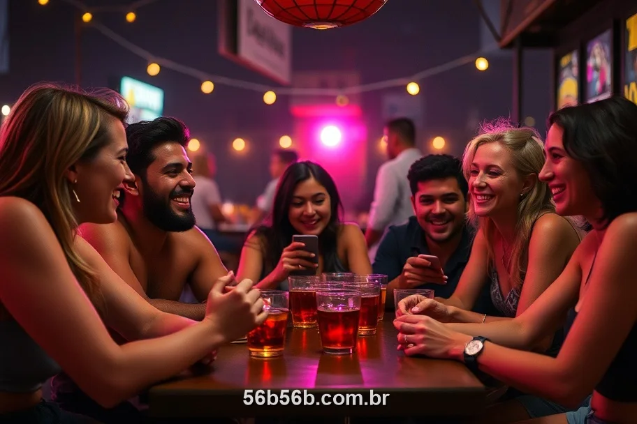 Amigos brasileiros jogando caça-níqueis no 56B numa mesa de bar