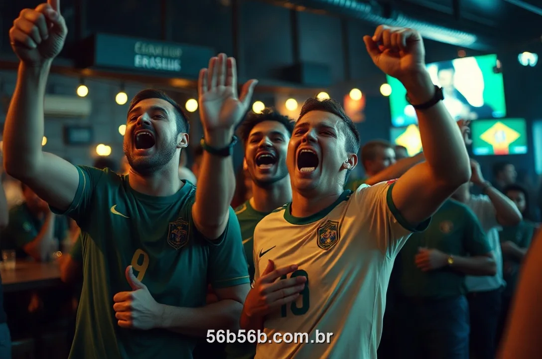 Torcedores brasileiros comemorando juntos em um bar