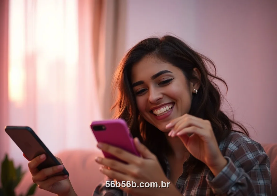 Jogadora brasileira comemorando um ganho no 56B pelo celular
